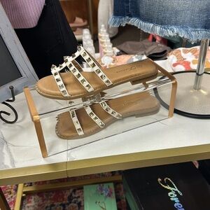 Forever 21 Studded Rhinestone Glossy Slip on Sandals, White